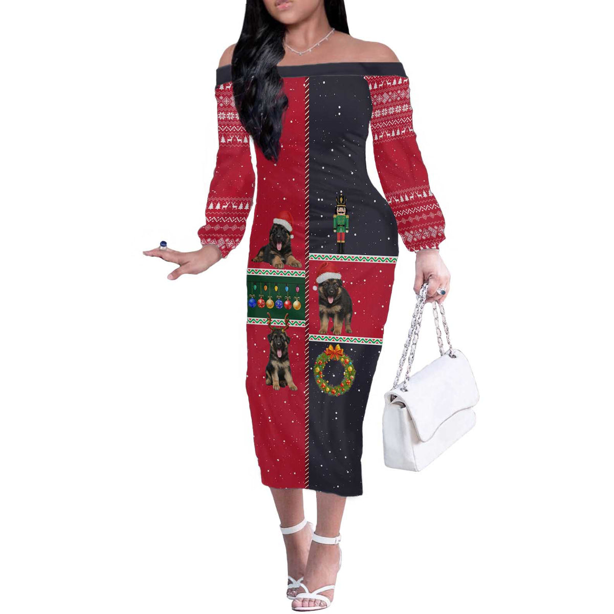 German Shepherd Puppy Christmas Off The Shoulder Long Sleeve Dress with Ornaments Wreath and Nutcracker Design - Wonder Print Shop