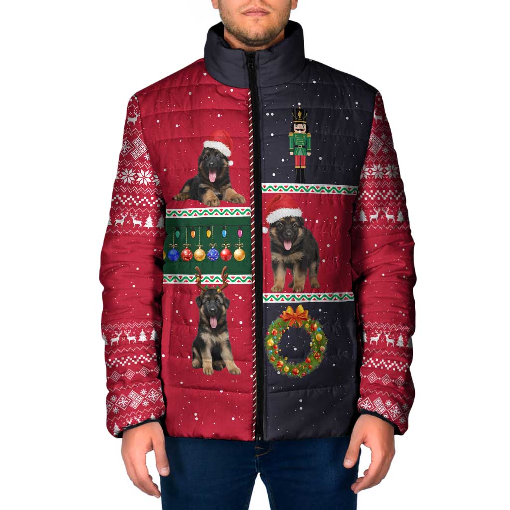 German Shepherd Puppy Christmas Padded Jacket with Ornaments Wreath and Nutcracker Design - Wonder Print Shop