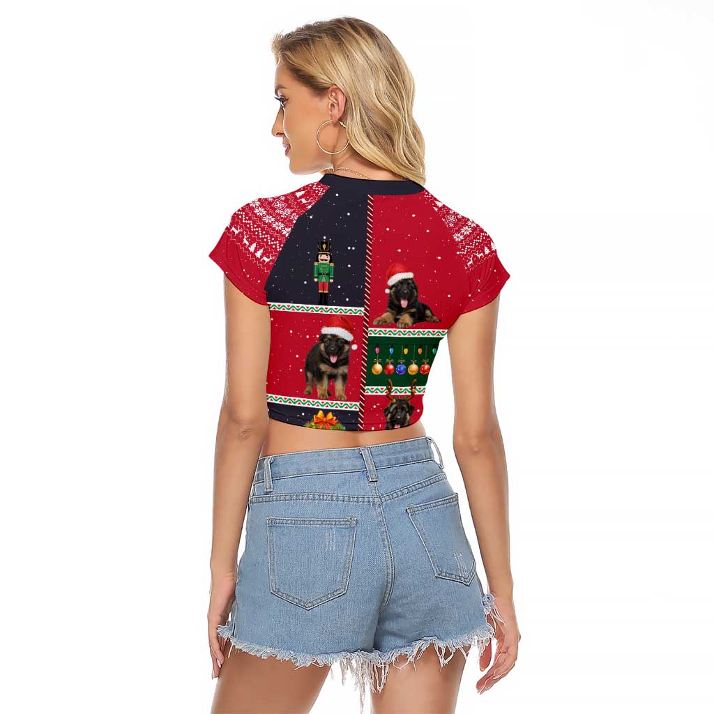 German Shepherd Puppy Christmas Raglan Cropped T Shirt with Ornaments Wreath and Nutcracker Design - Wonder Print Shop