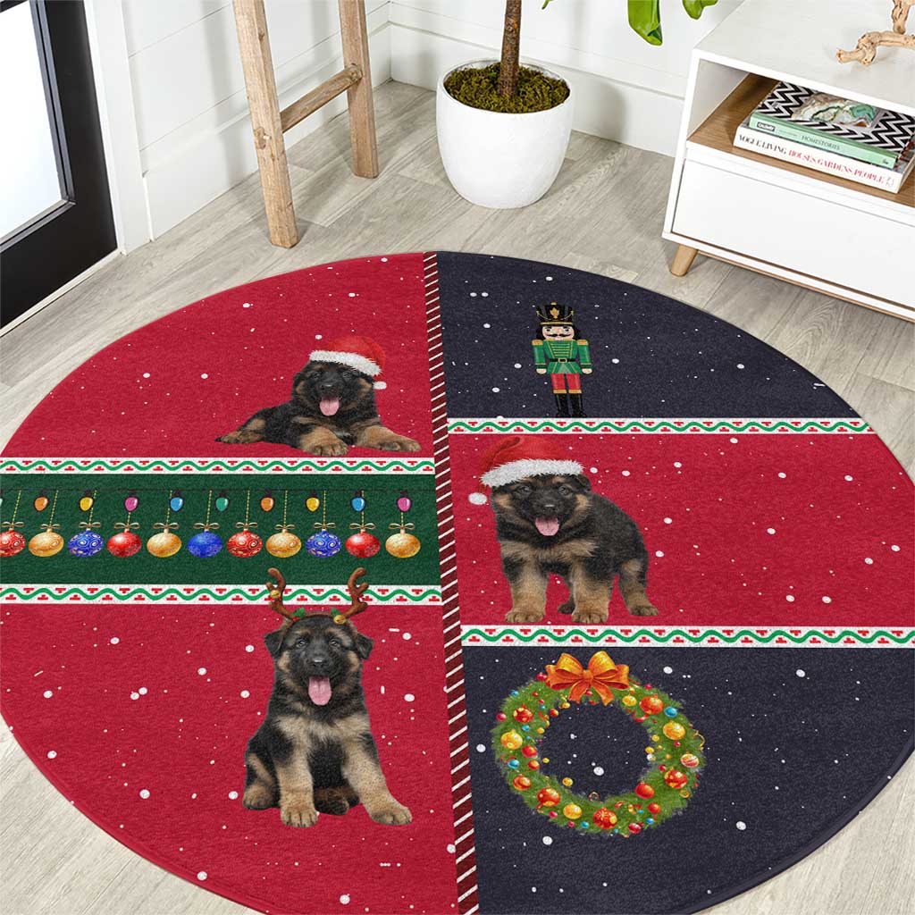 German Shepherd Puppy Christmas Round Carpet with Ornaments Wreath and Nutcracker Design - Wonder Print Shop