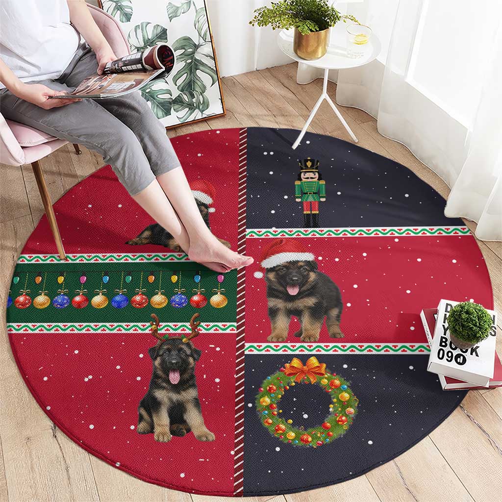 German Shepherd Puppy Christmas Round Carpet with Ornaments Wreath and Nutcracker Design - Wonder Print Shop