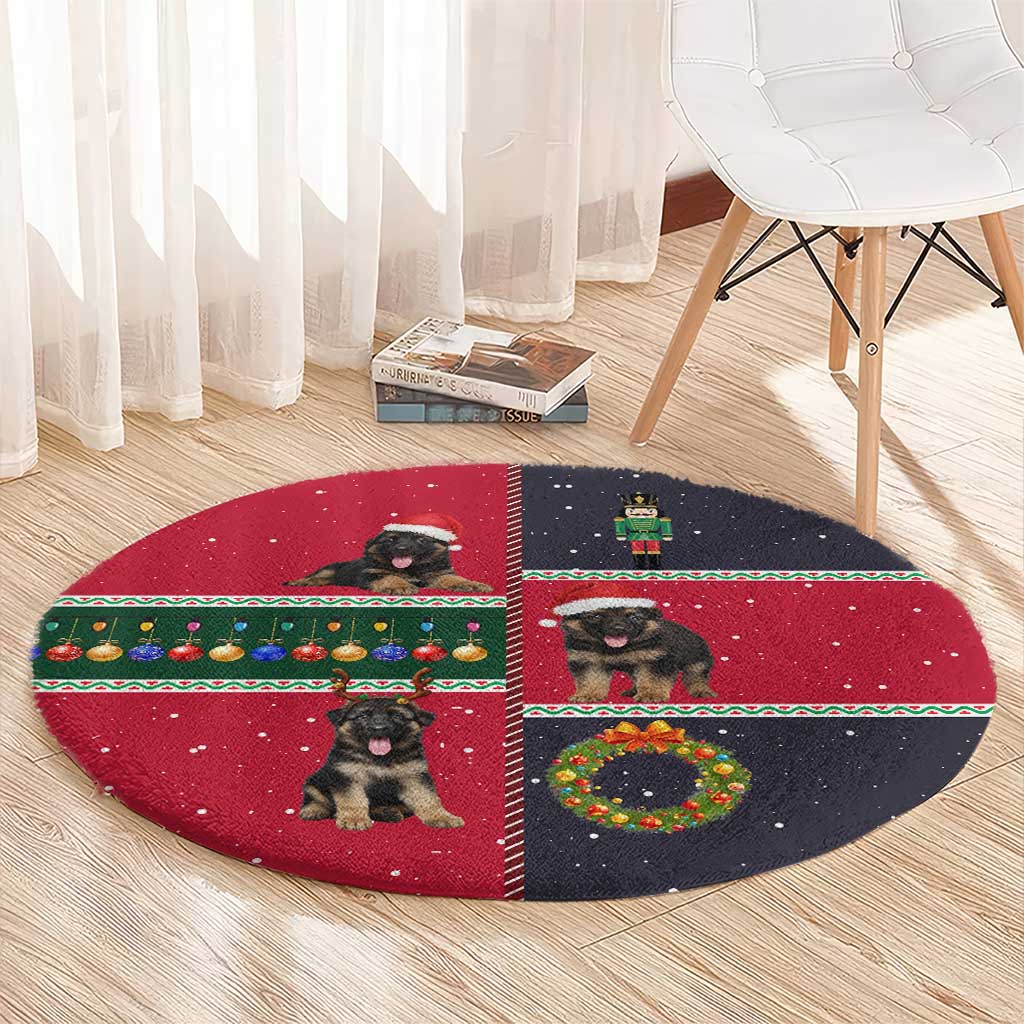 German Shepherd Puppy Christmas Round Carpet with Ornaments Wreath and Nutcracker Design - Wonder Print Shop