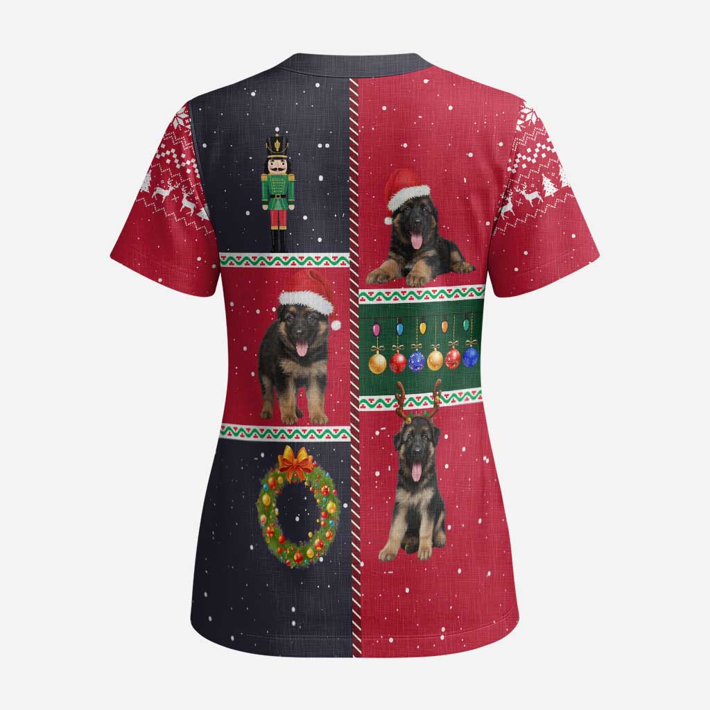 German Shepherd Puppy Christmas Scrub Top with Ornaments Wreath and Nutcracker Design - Wonder Print Shop