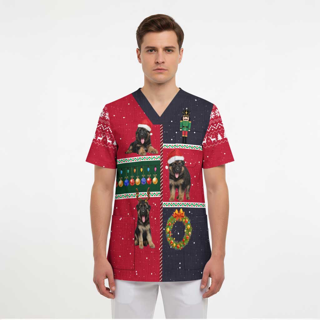 German Shepherd Puppy Christmas Scrub Top with Ornaments Wreath and Nutcracker Design - Wonder Print Shop