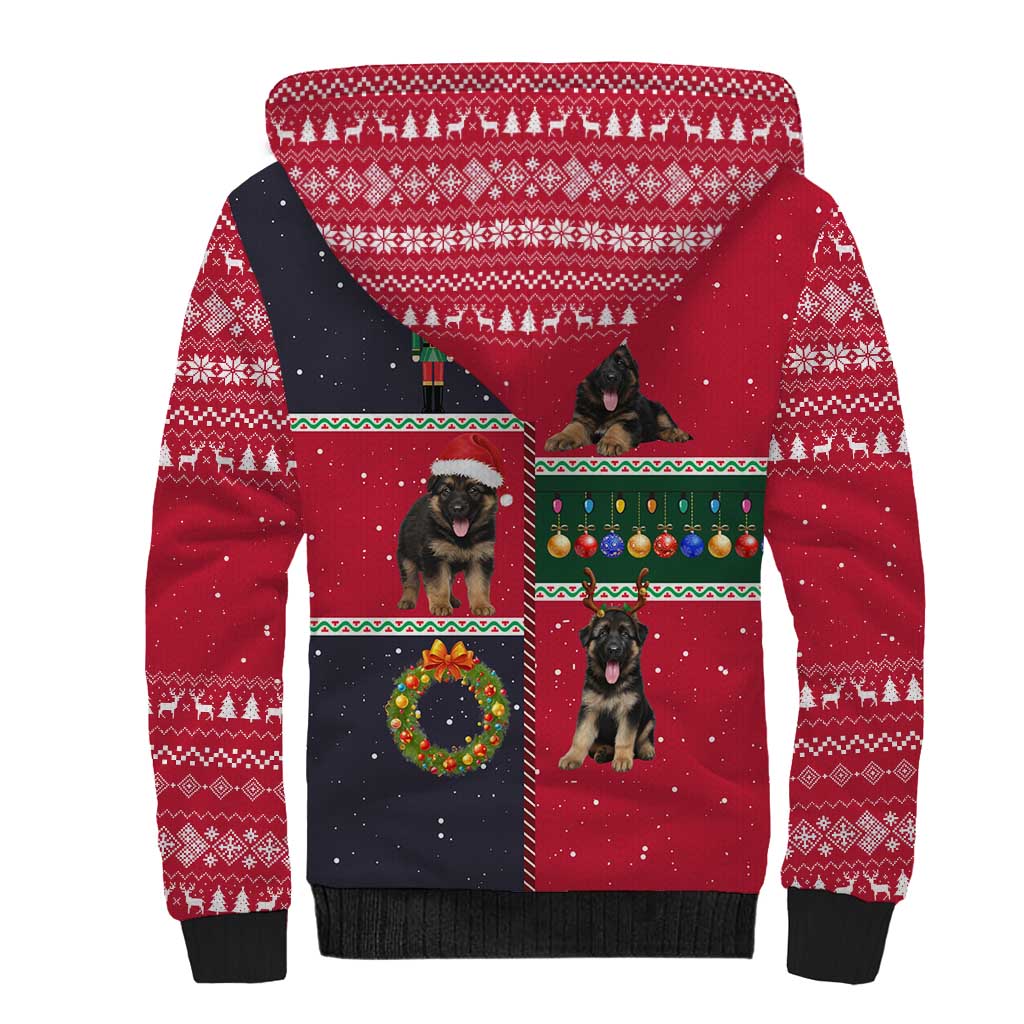 German Shepherd Puppy Christmas Sherpa Hoodie with Ornaments Wreath and Nutcracker Design - Wonder Print Shop