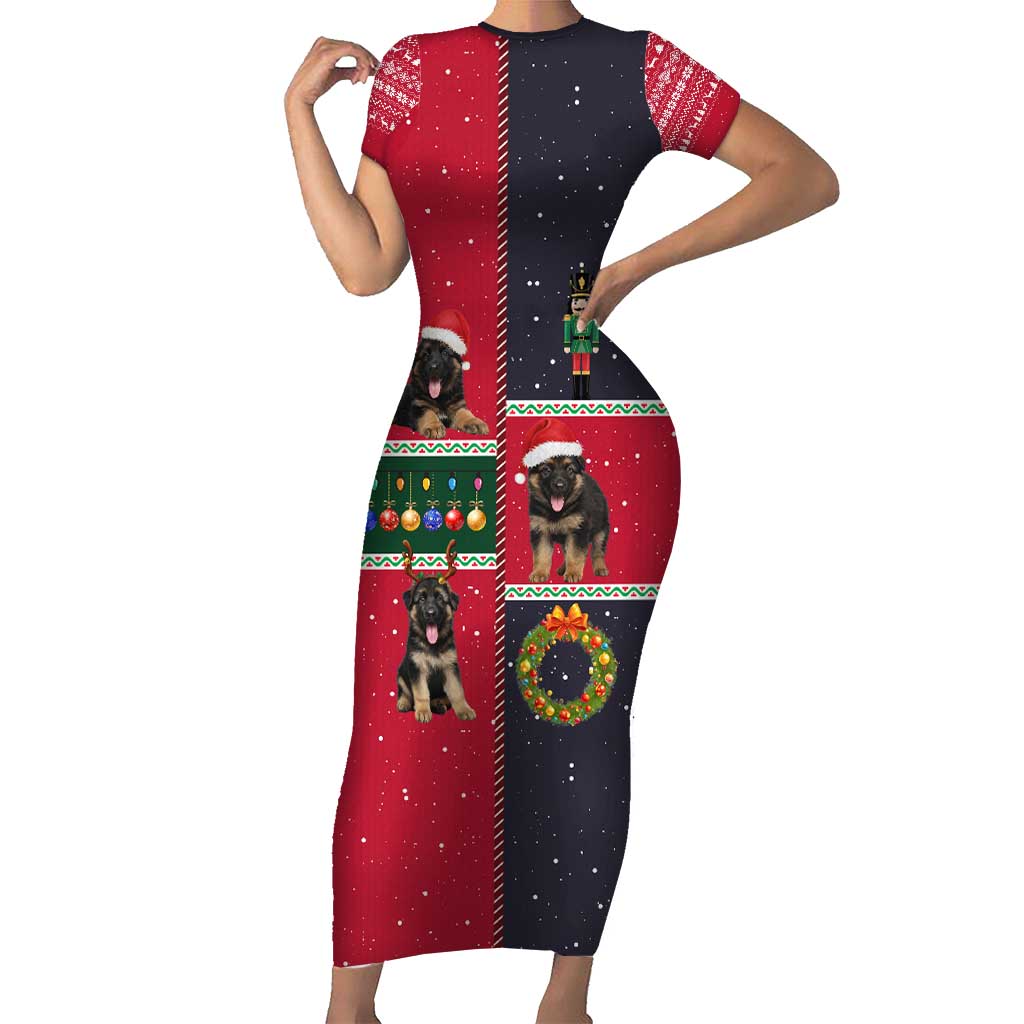 German Shepherd Puppy Christmas Short Sleeve Bodycon Dress with Ornaments Wreath and Nutcracker Design - Wonder Print Shop