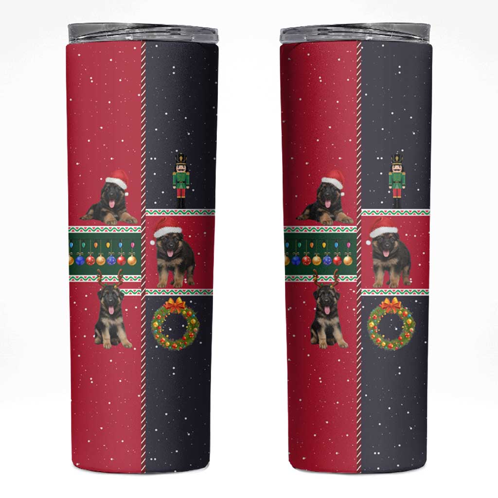 German Shepherd Puppy Christmas Skinny Tumbler with Ornaments Wreath and Nutcracker Design - Wonder Print Shop