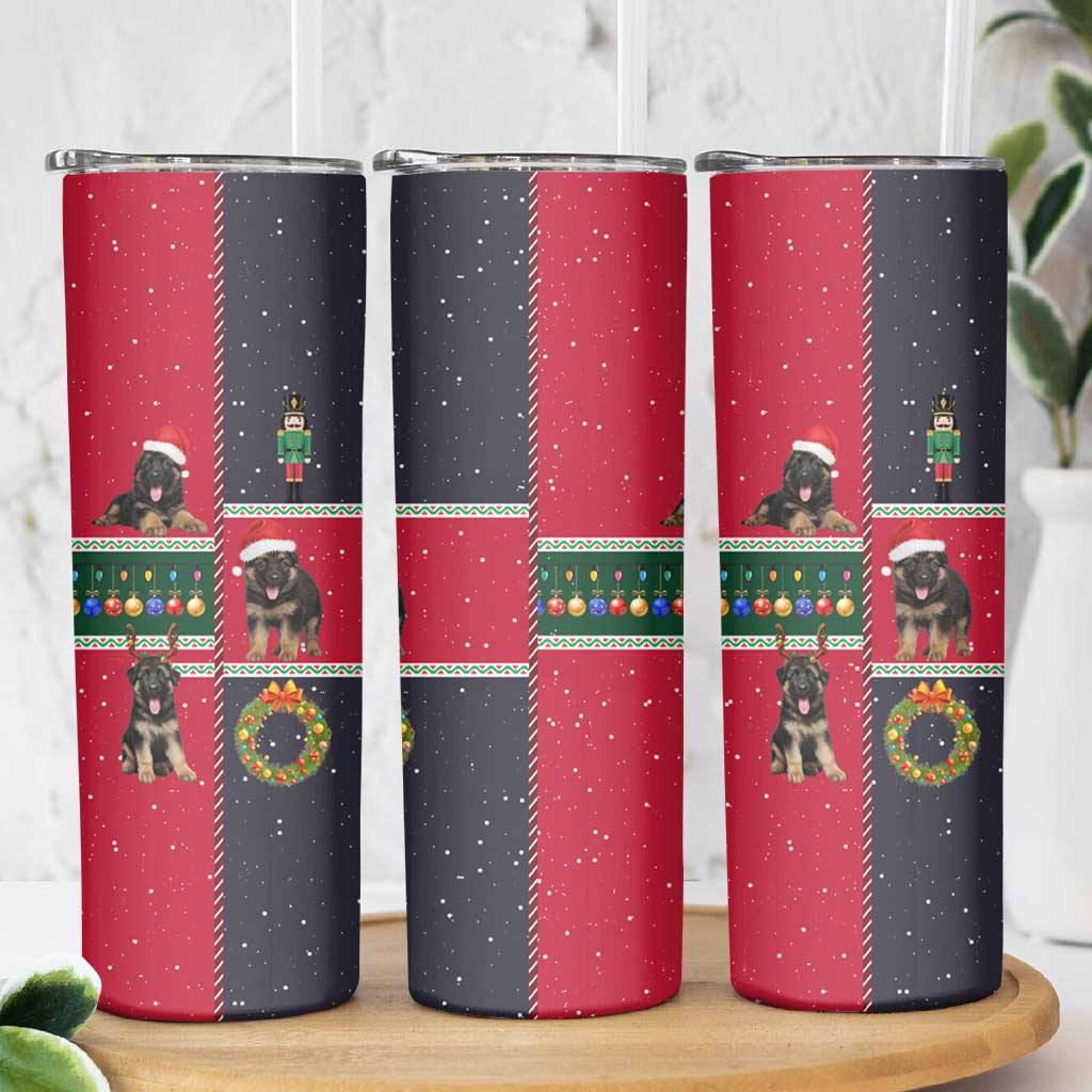 German Shepherd Puppy Christmas Skinny Tumbler with Ornaments Wreath and Nutcracker Design - Wonder Print Shop