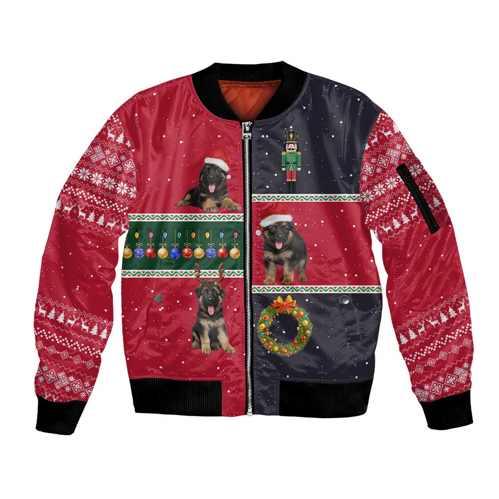 German Shepherd Puppy Christmas Sleeve Zip Bomber Jacket with Ornaments Wreath and Nutcracker Design - Wonder Print Shop