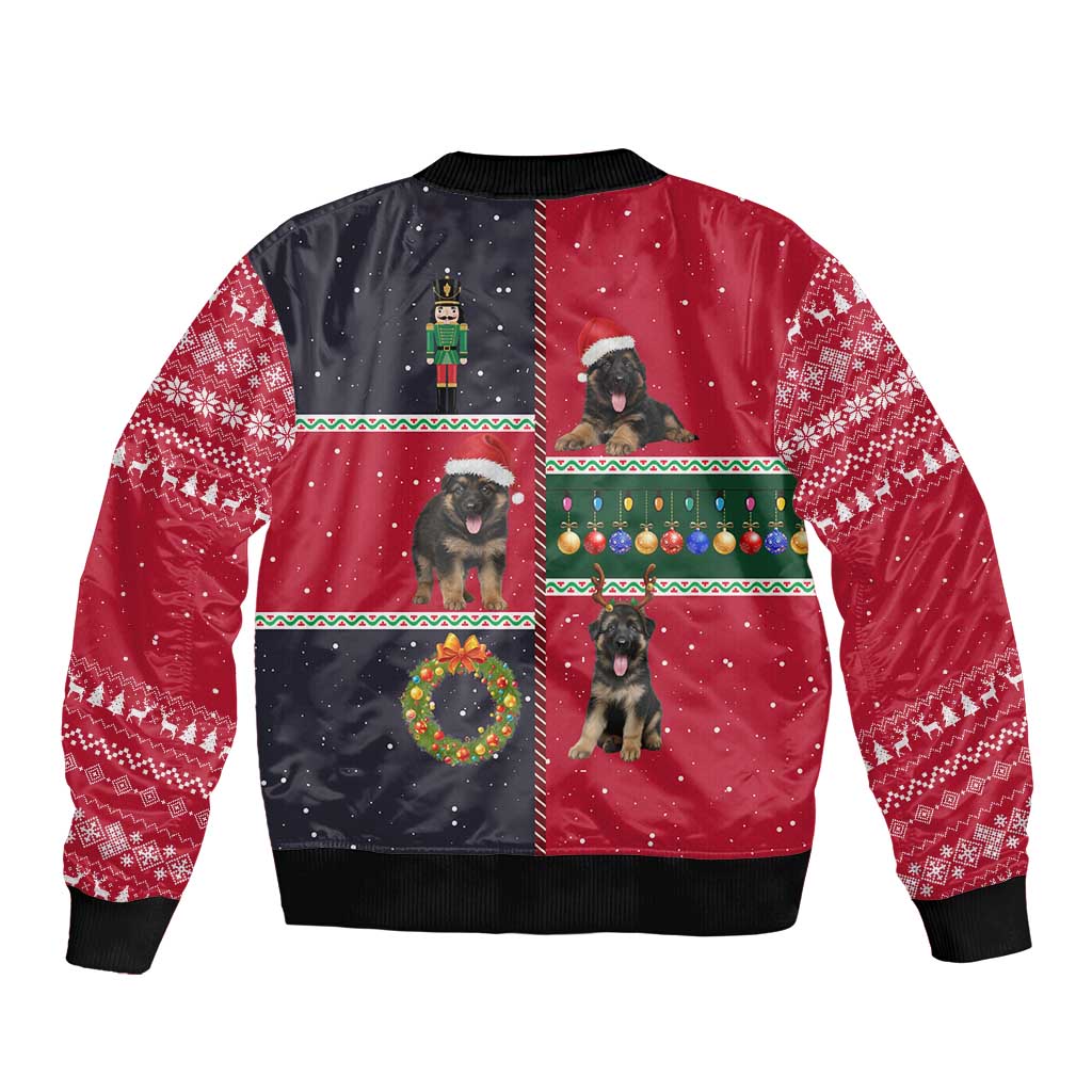 German Shepherd Puppy Christmas Sleeve Zip Bomber Jacket with Ornaments Wreath and Nutcracker Design - Wonder Print Shop