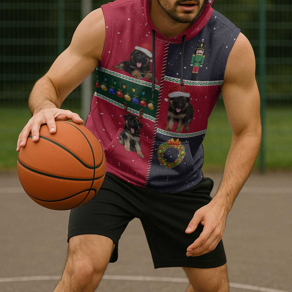 German Shepherd Puppy Christmas Sleeveless Hoodie with Ornaments Wreath and Nutcracker Design - Wonder Print Shop