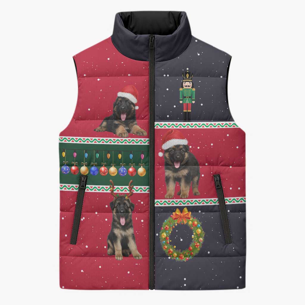 German Shepherd Puppy Christmas Sleeveless Puffer Jacket with Ornaments Wreath and Nutcracker Design - Wonder Print Shop