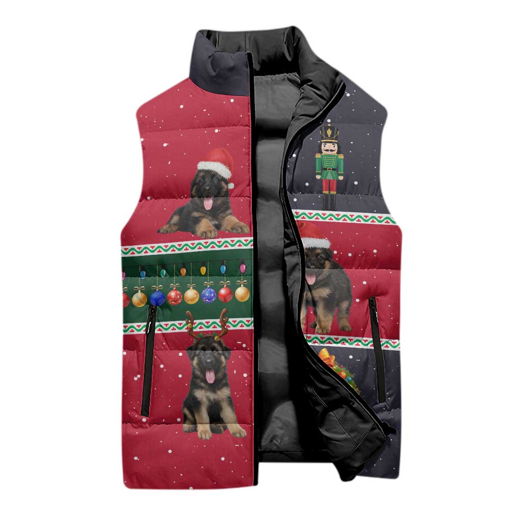 German Shepherd Puppy Christmas Sleeveless Puffer Jacket with Ornaments Wreath and Nutcracker Design - Wonder Print Shop