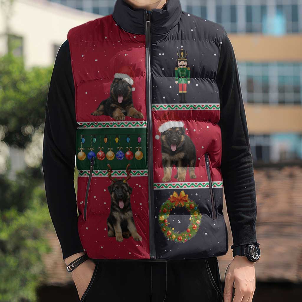 German Shepherd Puppy Christmas Sleeveless Puffer Jacket with Ornaments Wreath and Nutcracker Design - Wonder Print Shop