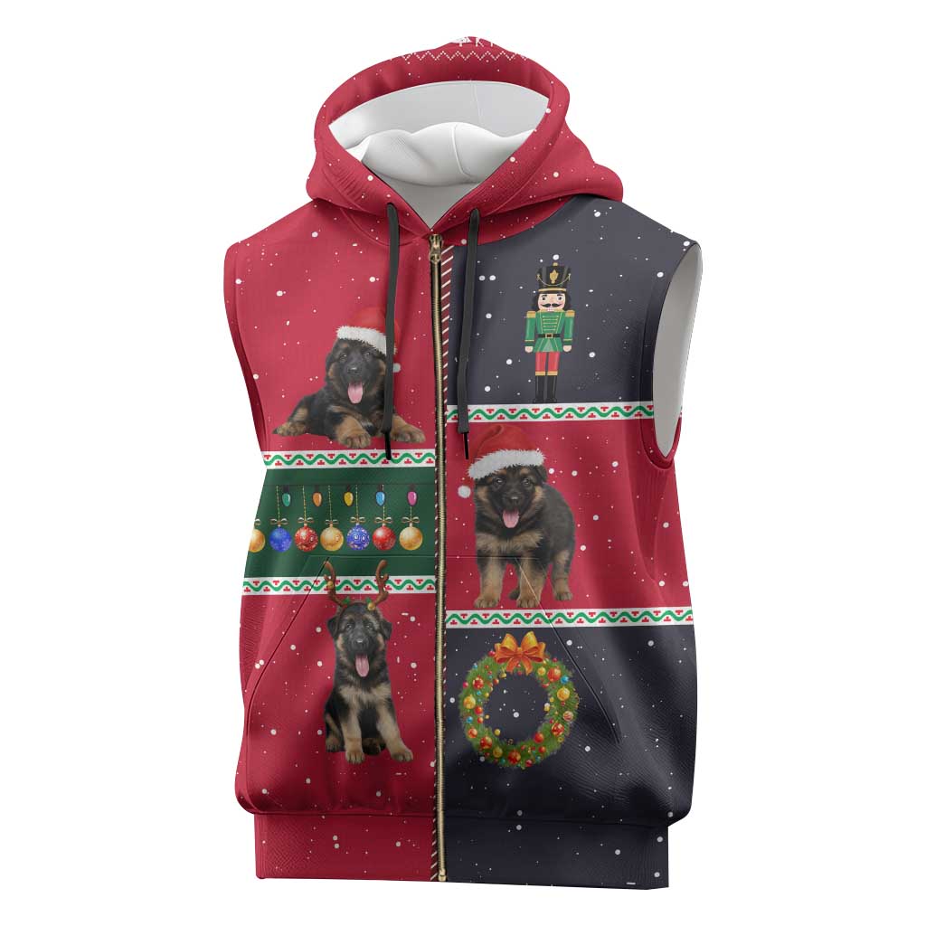 German Shepherd Puppy Christmas Sleeveless Zip Hoodie with Ornaments Wreath and Nutcracker Design - Wonder Print Shop