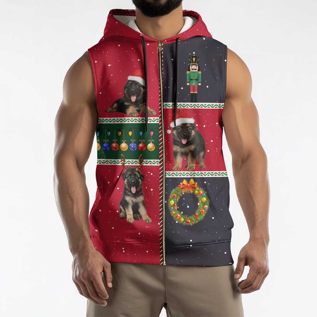 German Shepherd Puppy Christmas Sleeveless Zip Hoodie with Ornaments Wreath and Nutcracker Design - Wonder Print Shop