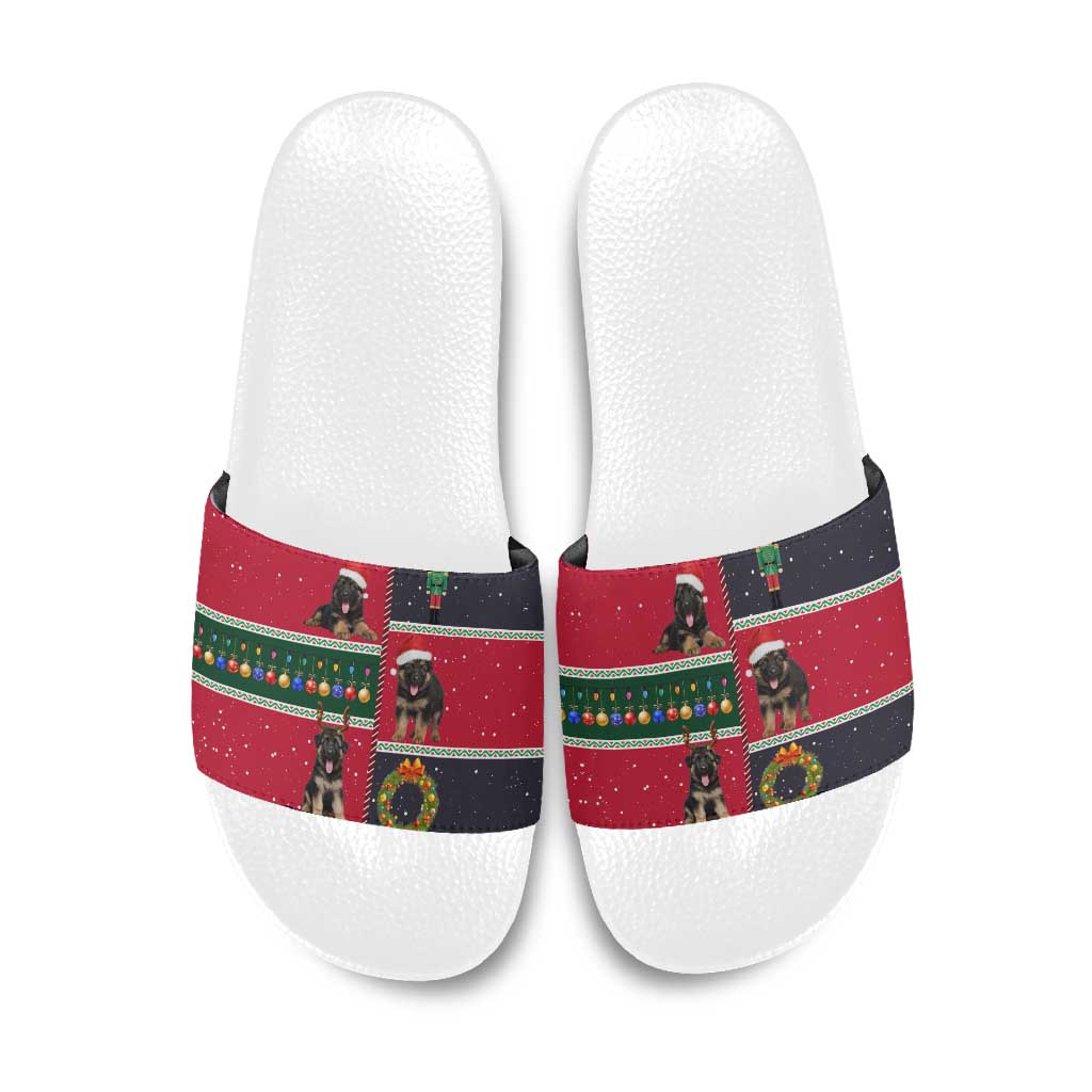German Shepherd Puppy Christmas Slide Sandals with Ornaments Wreath and Nutcracker Design - Wonder Print Shop