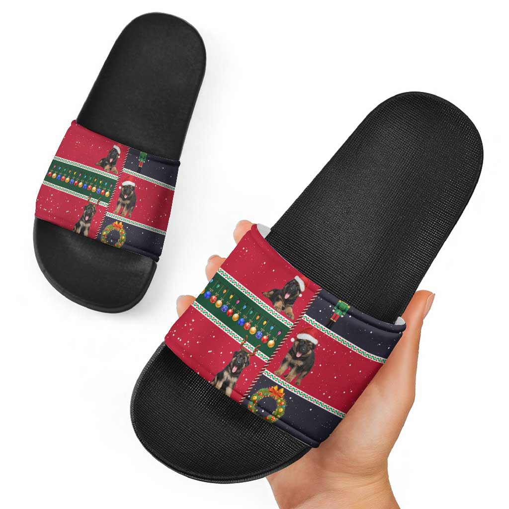 German Shepherd Puppy Christmas Slide Sandals with Ornaments Wreath and Nutcracker Design - Wonder Print Shop