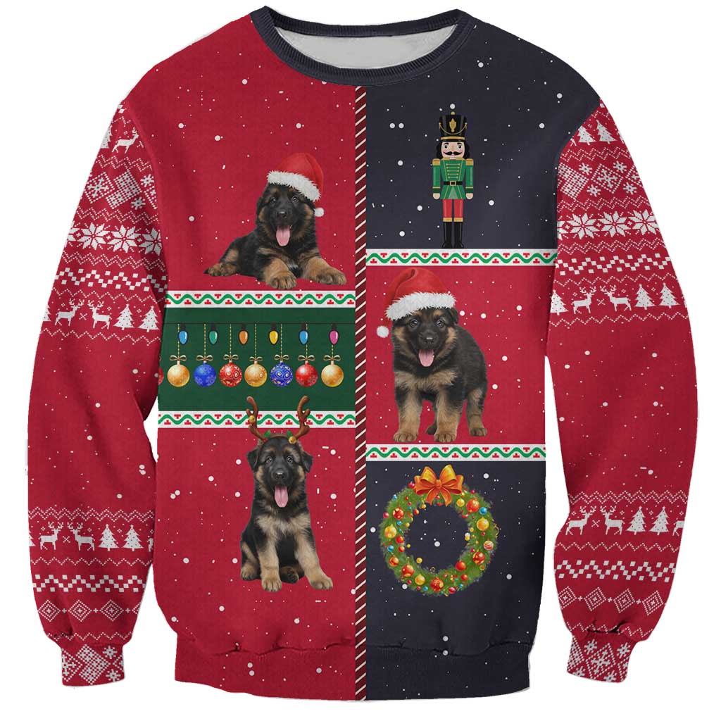 German Shepherd Puppy Christmas Sweatshirt with Ornaments Wreath and Nutcracker Design - Wonder Print Shop