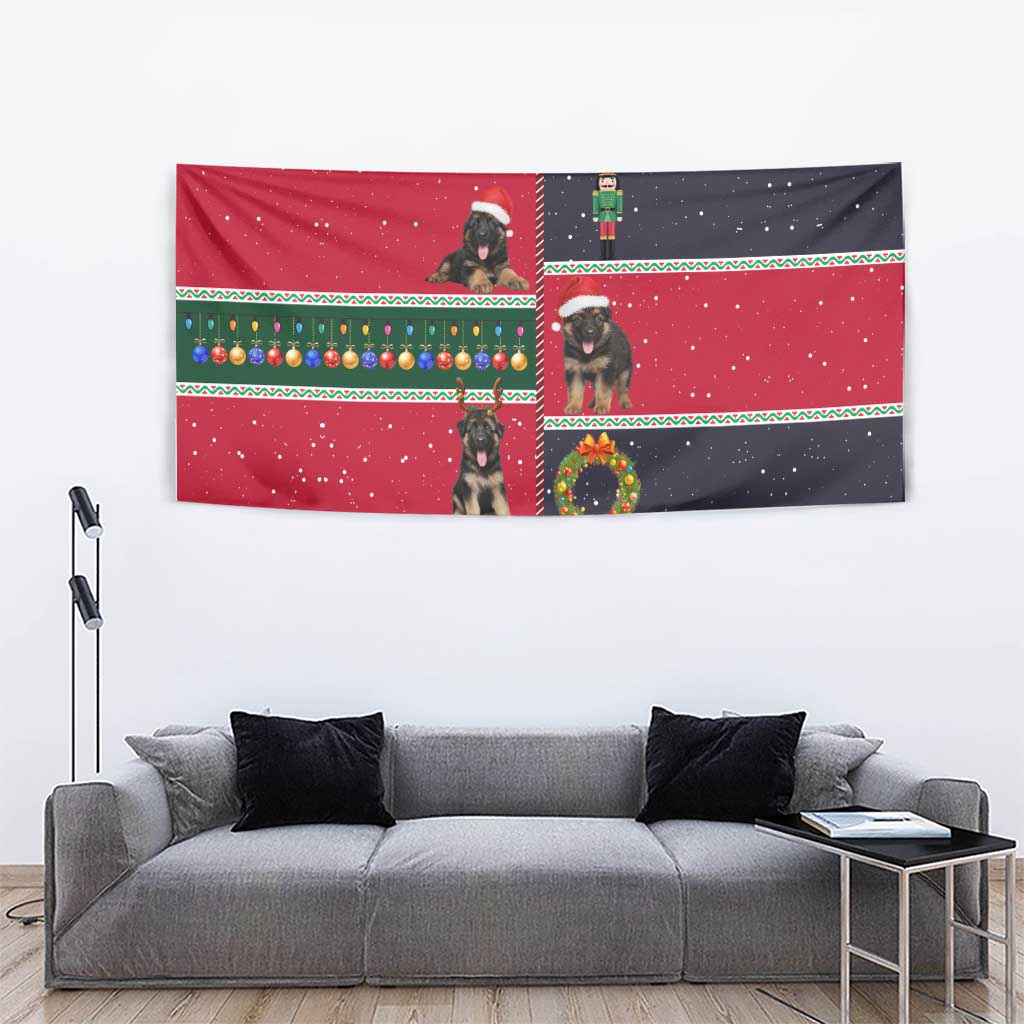 German Shepherd Puppy Christmas Tapestry with Ornaments Wreath and Nutcracker Design - Wonder Print Shop