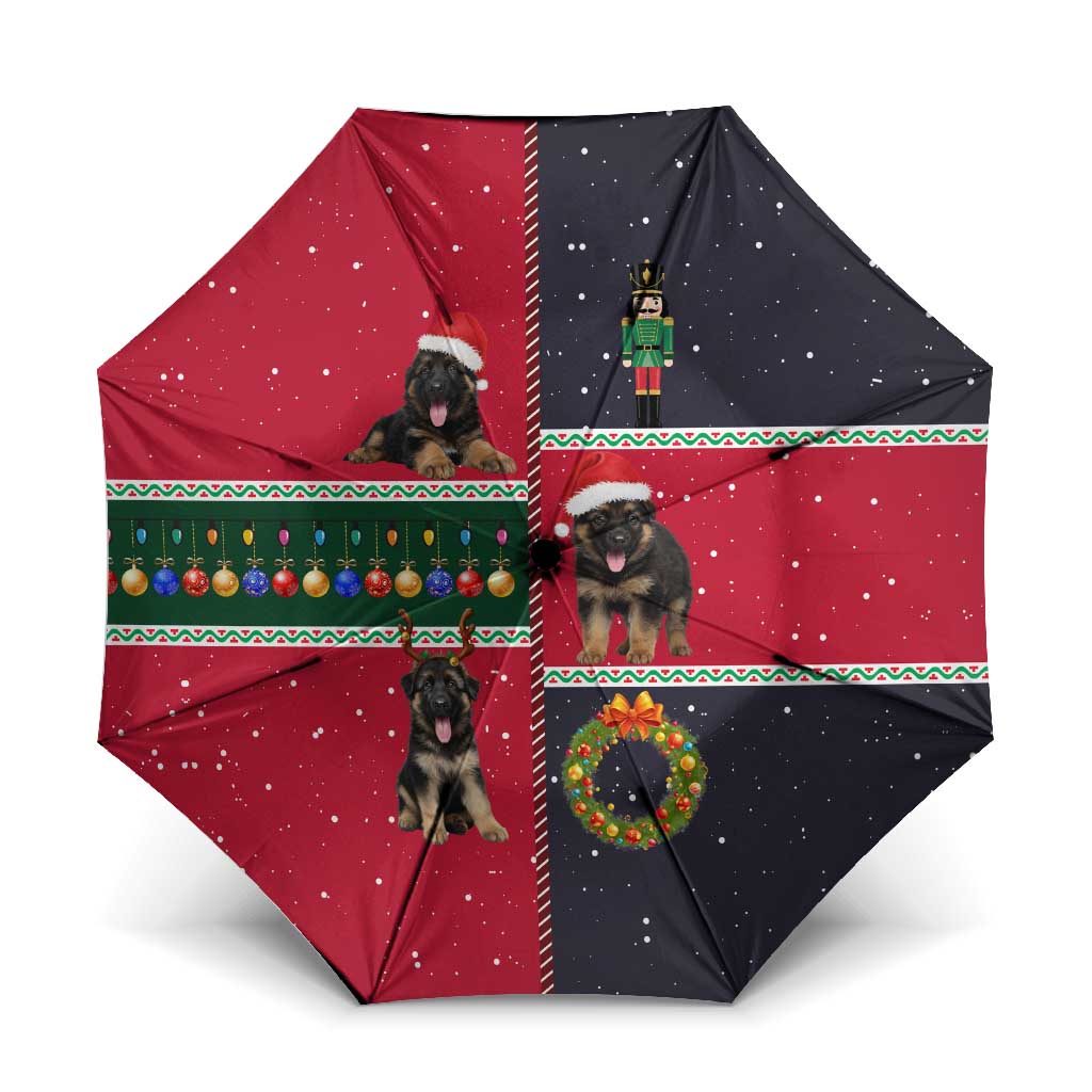 German Shepherd Puppy Christmas Umbrella with Ornaments Wreath and Nutcracker Design - Wonder Print Shop