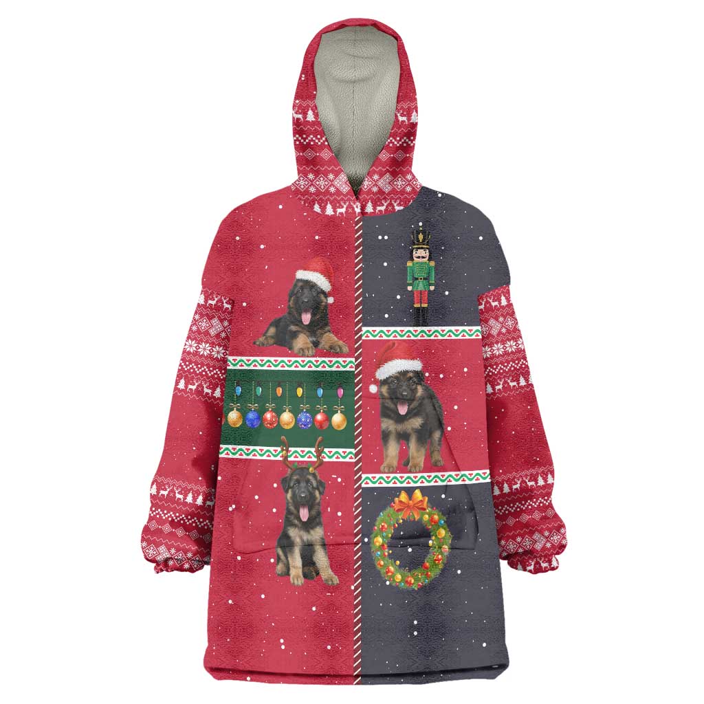 German Shepherd Puppy Christmas Wearable Blanket Hoodie with Ornaments Wreath and Nutcracker Design - Wonder Print Shop
