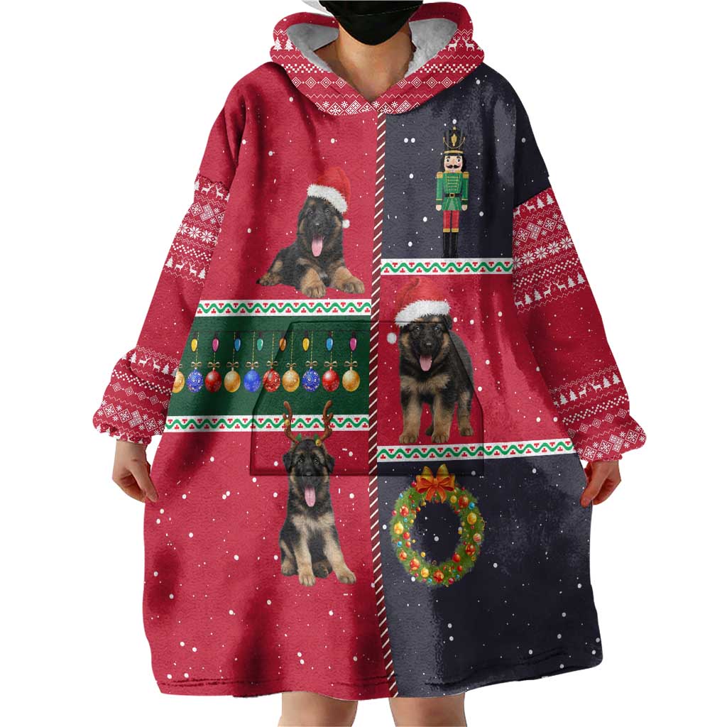 German Shepherd Puppy Christmas Wearable Blanket Hoodie with Ornaments Wreath and Nutcracker Design - Wonder Print Shop