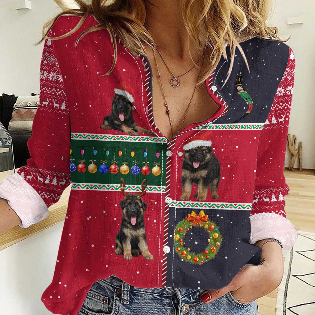German Shepherd Puppy Christmas Women Casual Shirt with Ornaments Wreath and Nutcracker Design - Wonder Print Shop