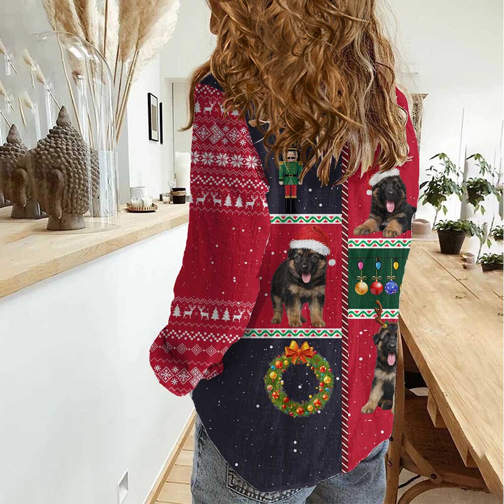 German Shepherd Puppy Christmas Women Casual Shirt with Ornaments Wreath and Nutcracker Design - Wonder Print Shop