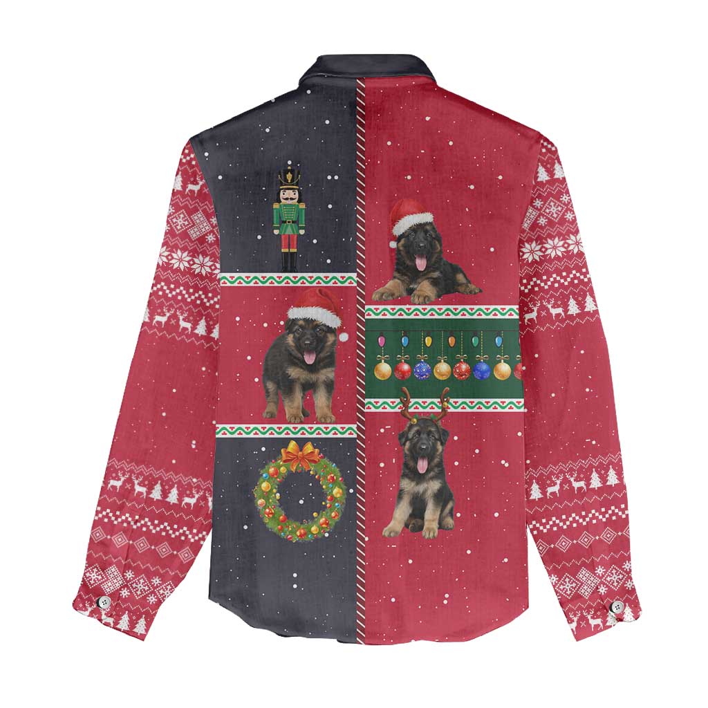 German Shepherd Puppy Christmas Women Casual Shirt with Ornaments Wreath and Nutcracker Design - Wonder Print Shop