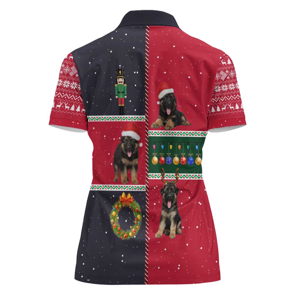 German Shepherd Puppy Christmas Women Polo Shirt with Ornaments Wreath and Nutcracker Design - Wonder Print Shop