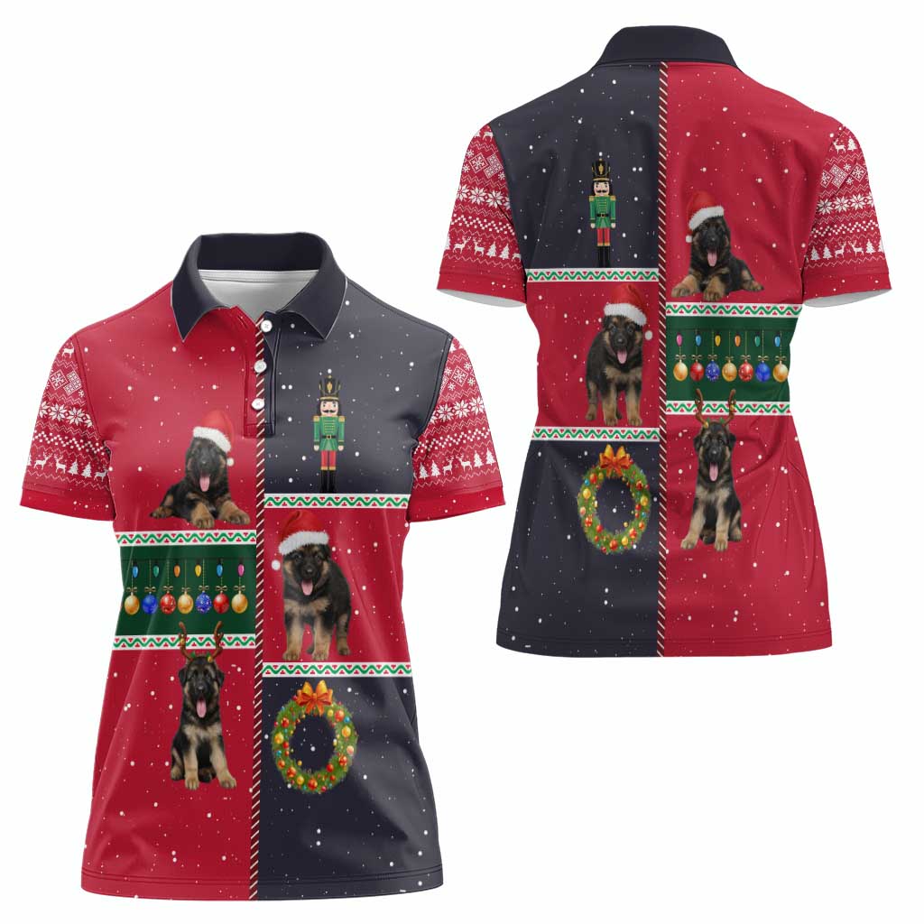 German Shepherd Puppy Christmas Women Polo Shirt with Ornaments Wreath and Nutcracker Design - Wonder Print Shop
