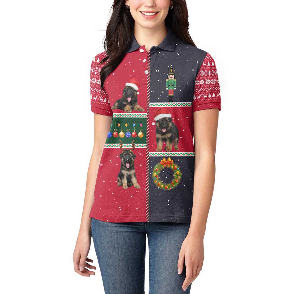 German Shepherd Puppy Christmas Women Polo Shirt with Ornaments Wreath and Nutcracker Design - Wonder Print Shop