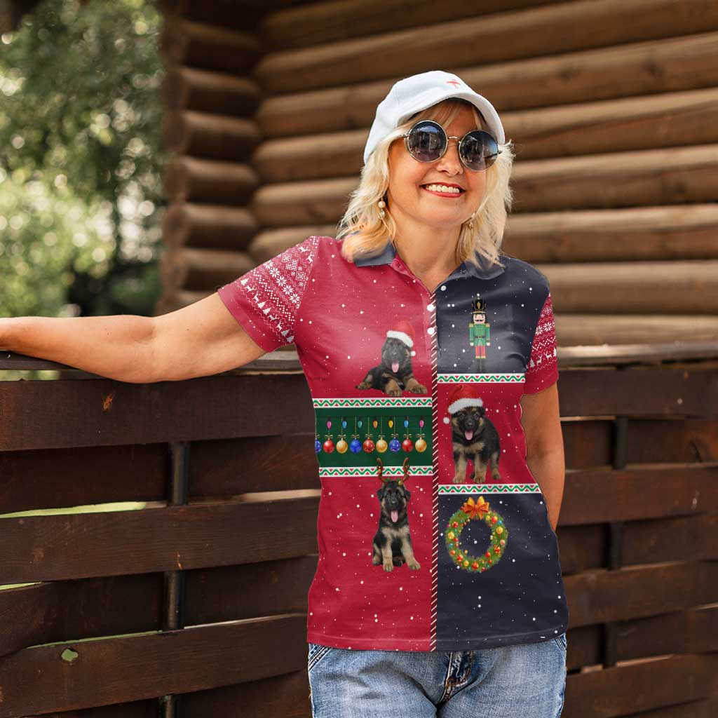 German Shepherd Puppy Christmas Women Polo Shirt with Ornaments Wreath and Nutcracker Design - Wonder Print Shop