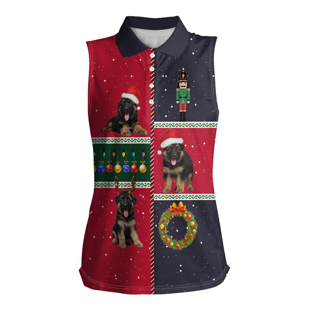 German Shepherd Puppy Christmas Women Sleeveless Polo Shirt with Ornaments Wreath and Nutcracker Design - Wonder Print Shop