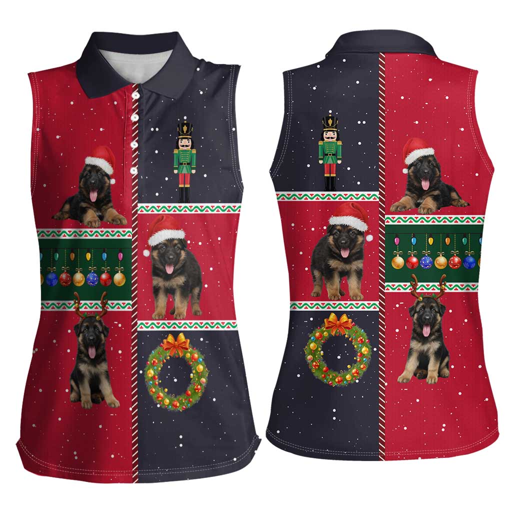 German Shepherd Puppy Christmas Women Sleeveless Polo Shirt with Ornaments Wreath and Nutcracker Design - Wonder Print Shop