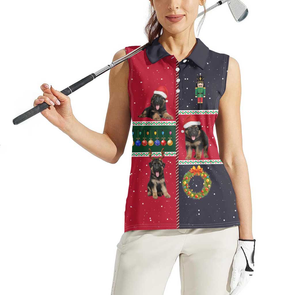 German Shepherd Puppy Christmas Women Sleeveless Polo Shirt with Ornaments Wreath and Nutcracker Design - Wonder Print Shop