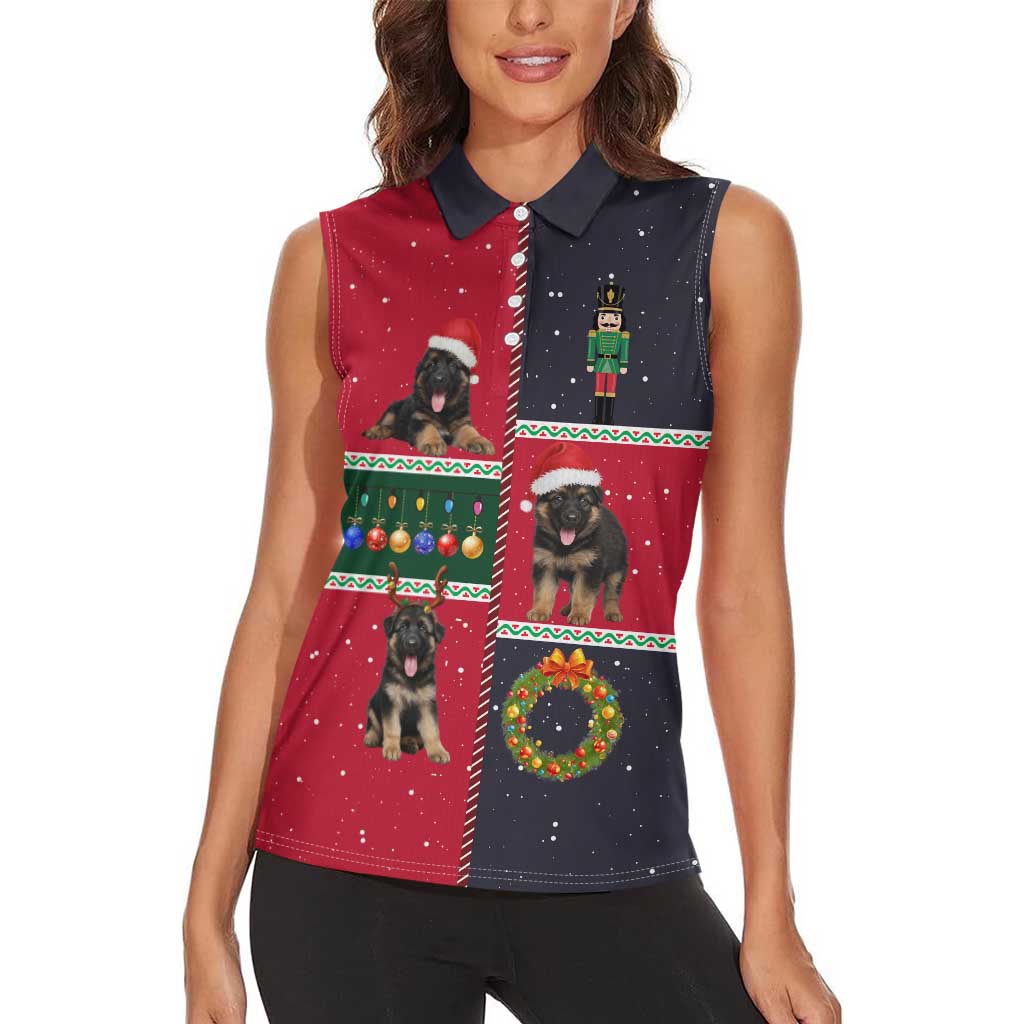 German Shepherd Puppy Christmas Women Sleeveless Polo Shirt with Ornaments Wreath and Nutcracker Design - Wonder Print Shop