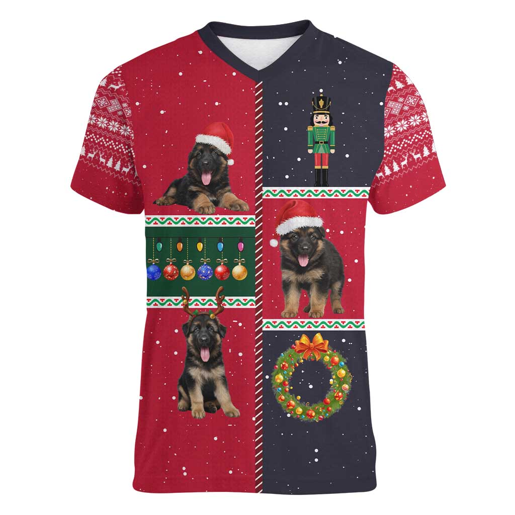 German Shepherd Puppy Christmas Women V-Neck T-Shirt with Ornaments Wreath and Nutcracker Design - Wonder Print Shop
