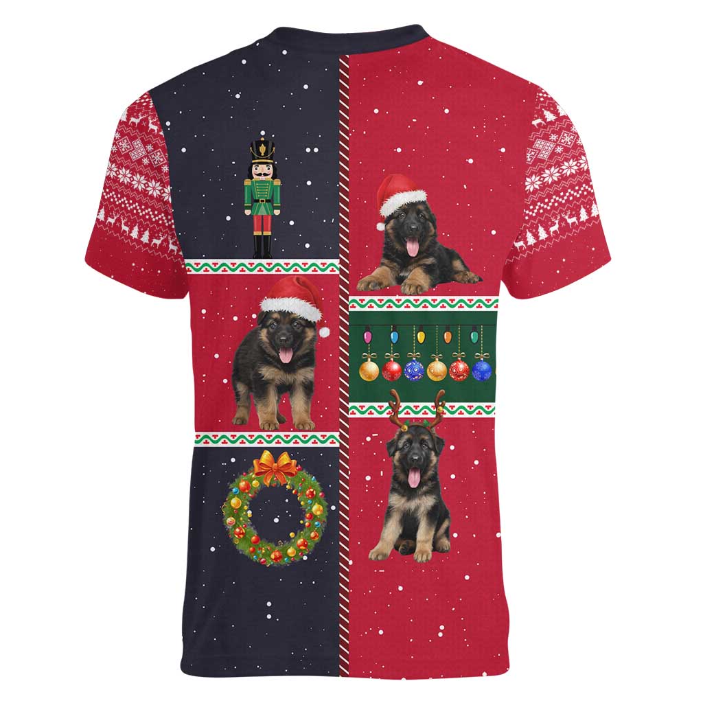 German Shepherd Puppy Christmas Women V-Neck T-Shirt with Ornaments Wreath and Nutcracker Design - Wonder Print Shop