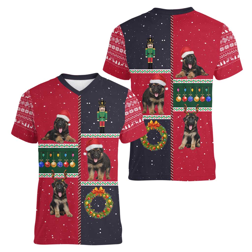 German Shepherd Puppy Christmas Women V-Neck T-Shirt with Ornaments Wreath and Nutcracker Design - Wonder Print Shop