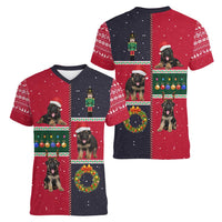 German Shepherd Puppy Christmas Women V-Neck T-Shirt with Ornaments Wreath and Nutcracker Design - Wonder Print Shop