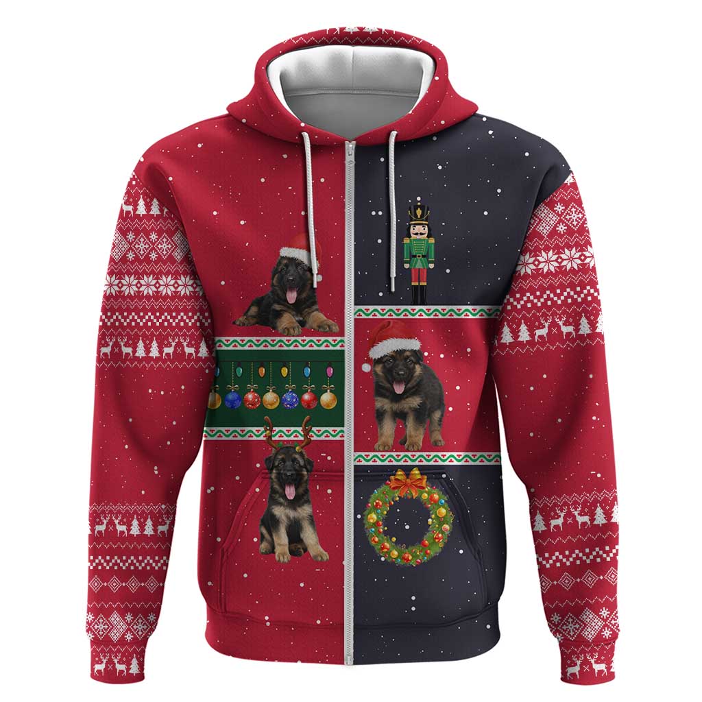 German Shepherd Puppy Christmas Zip Hoodie with Ornaments Wreath and Nutcracker Design - Wonder Print Shop