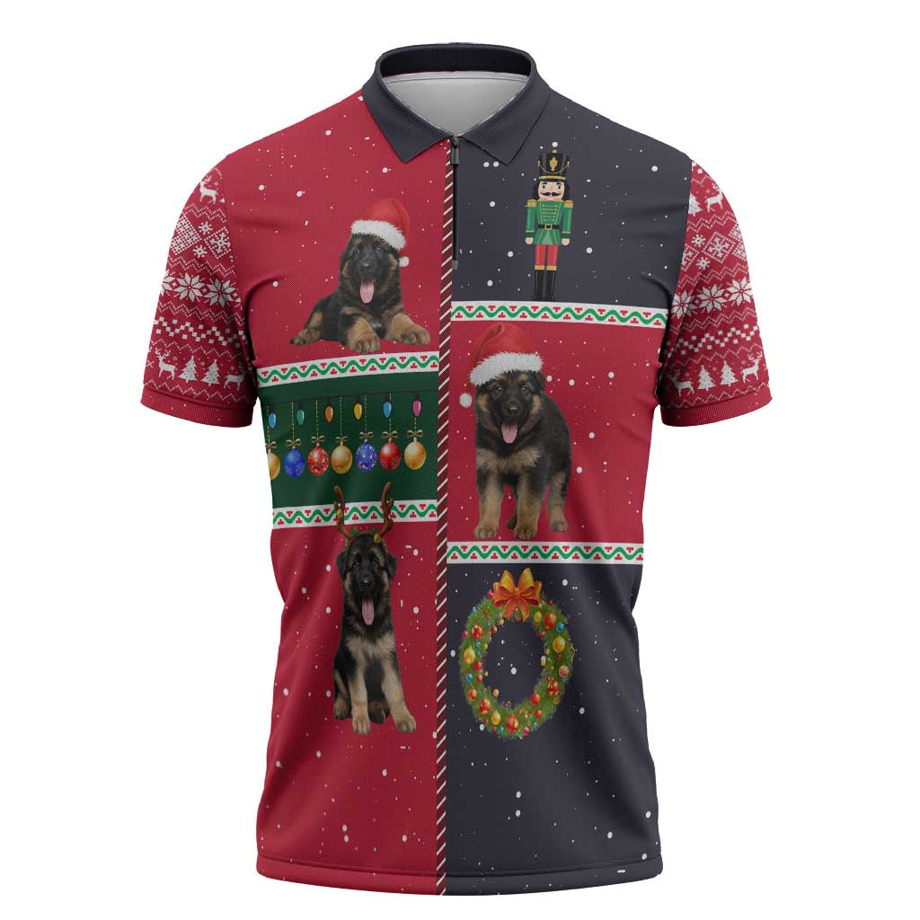 German Shepherd Puppy Christmas Zipper Polo Shirt with Ornaments Wreath and Nutcracker Design - Wonder Print Shop