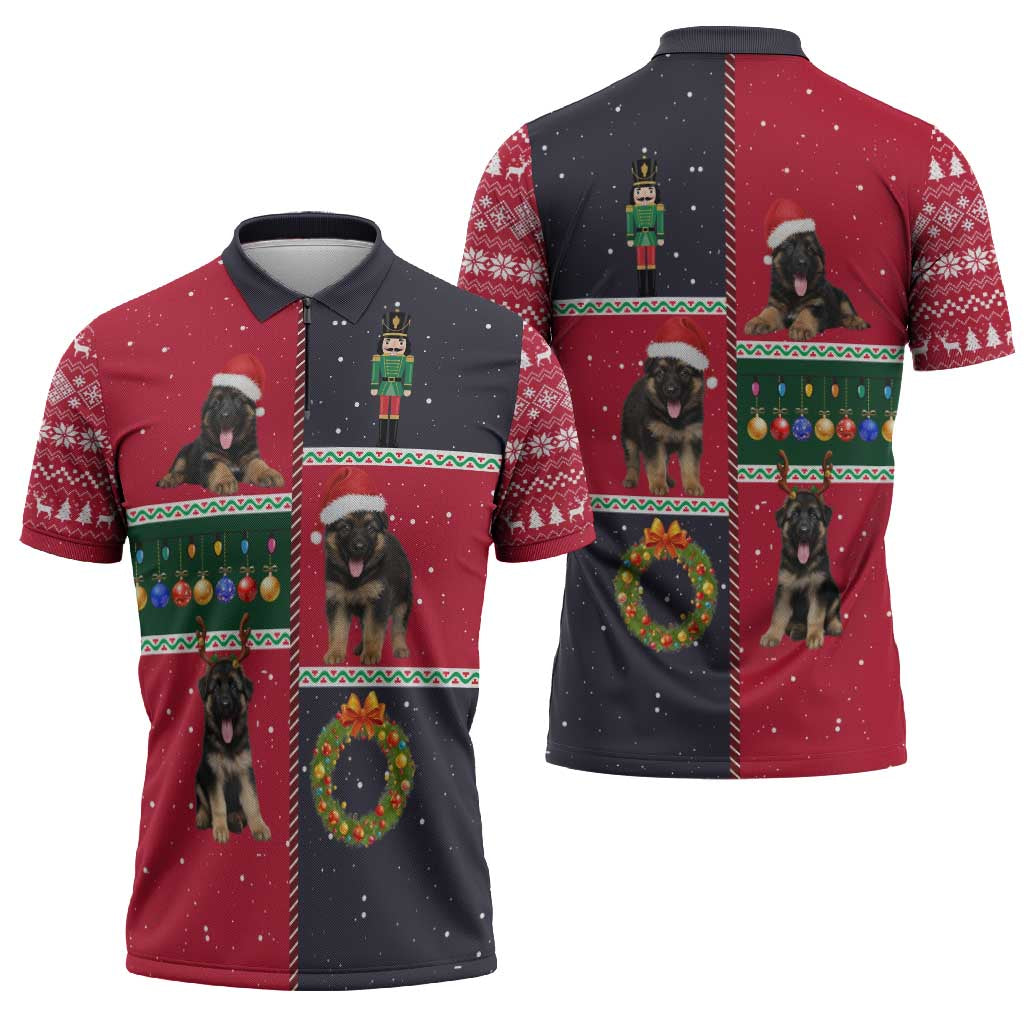 German Shepherd Puppy Christmas Zipper Polo Shirt with Ornaments Wreath and Nutcracker Design - Wonder Print Shop