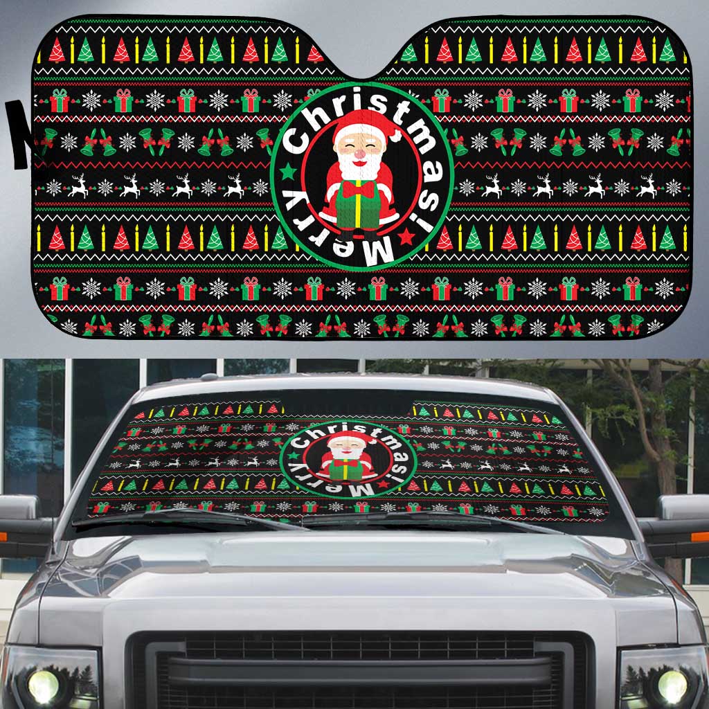 Gift For Merry Christmas Auto Sun Shade with Santa Claus and Holiday Icons Pattern - Wonder Print Shop