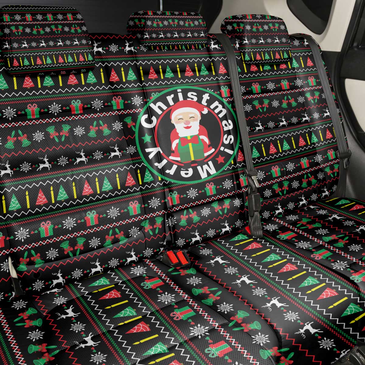Gift For Merry Christmas Back Car Seat Cover with Santa Claus and Holiday Icons Pattern - Wonder Print Shop