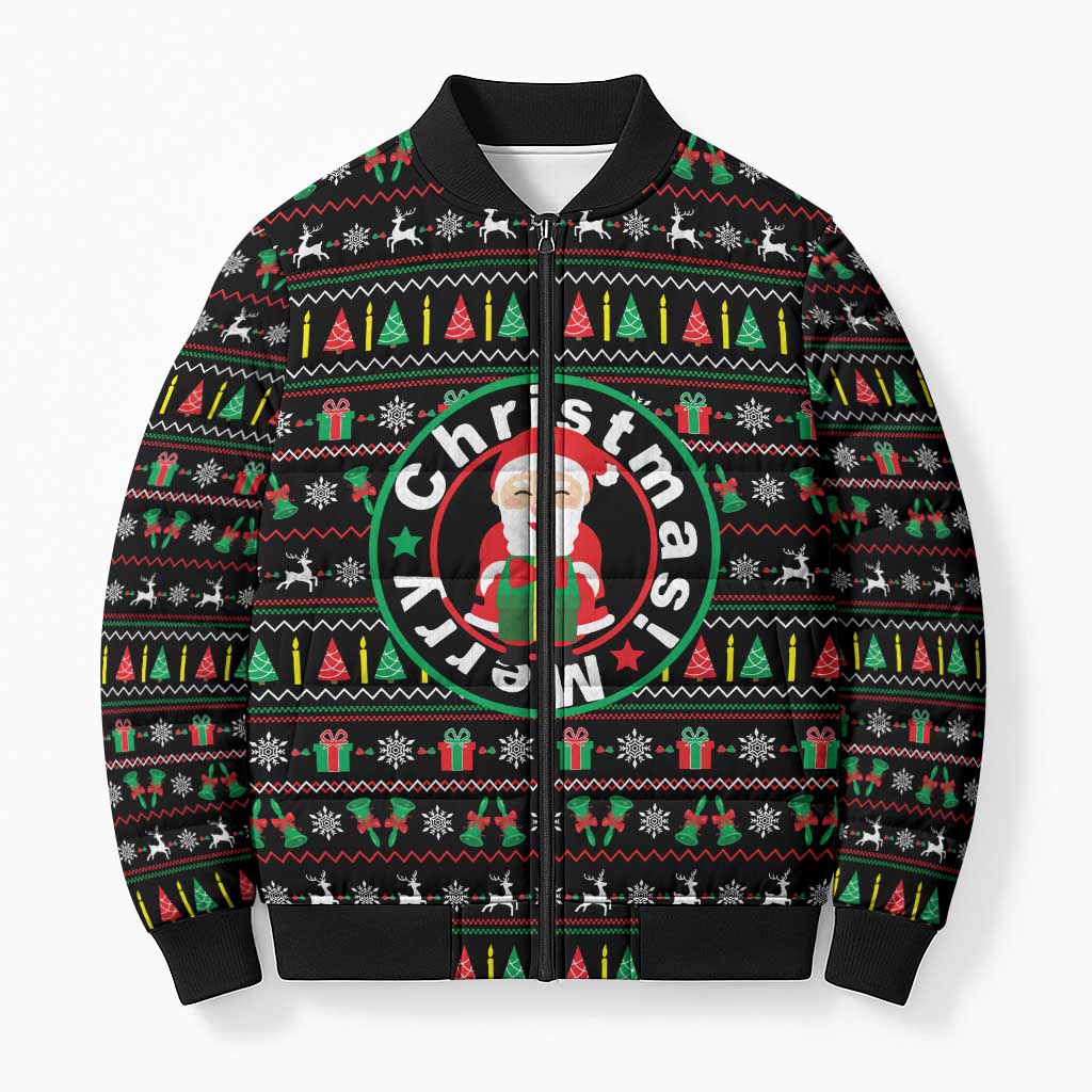 Gift For Merry Christmas Bomber Puffer Jacket with Santa Claus and Holiday Icons Pattern - Wonder Print Shop