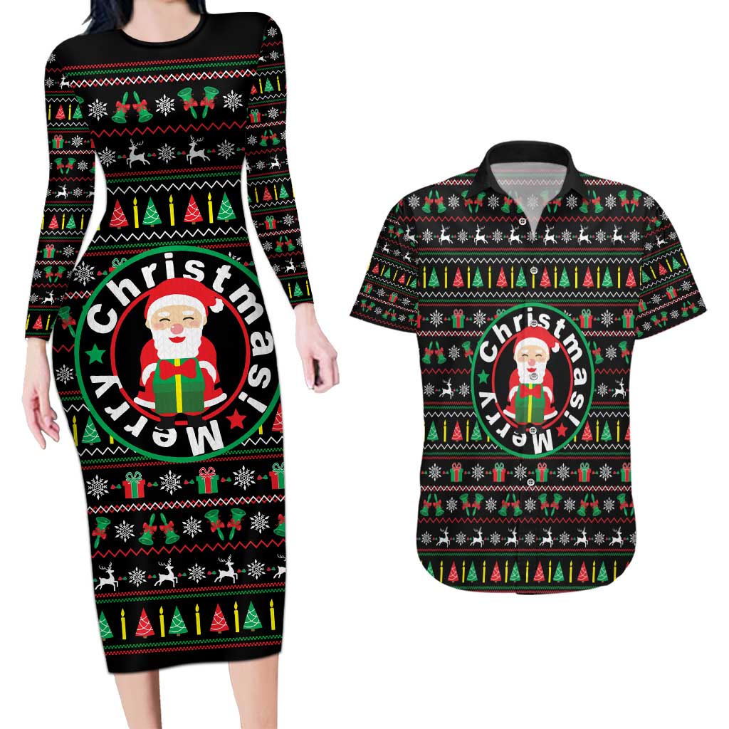 Gift For Merry Christmas Couples Matching Long Sleeve Bodycon Dress and Hawaiian Shirt with Santa Claus and Holiday Icons Pattern - Wonder Print Shop