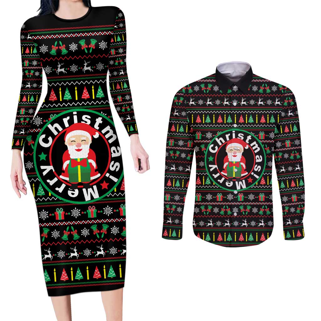Gift For Merry Christmas Couples Matching Long Sleeve Bodycon Dress and Long Sleeve Button Shirt with Santa Claus and Holiday Icons Pattern - Wonder Print Shop